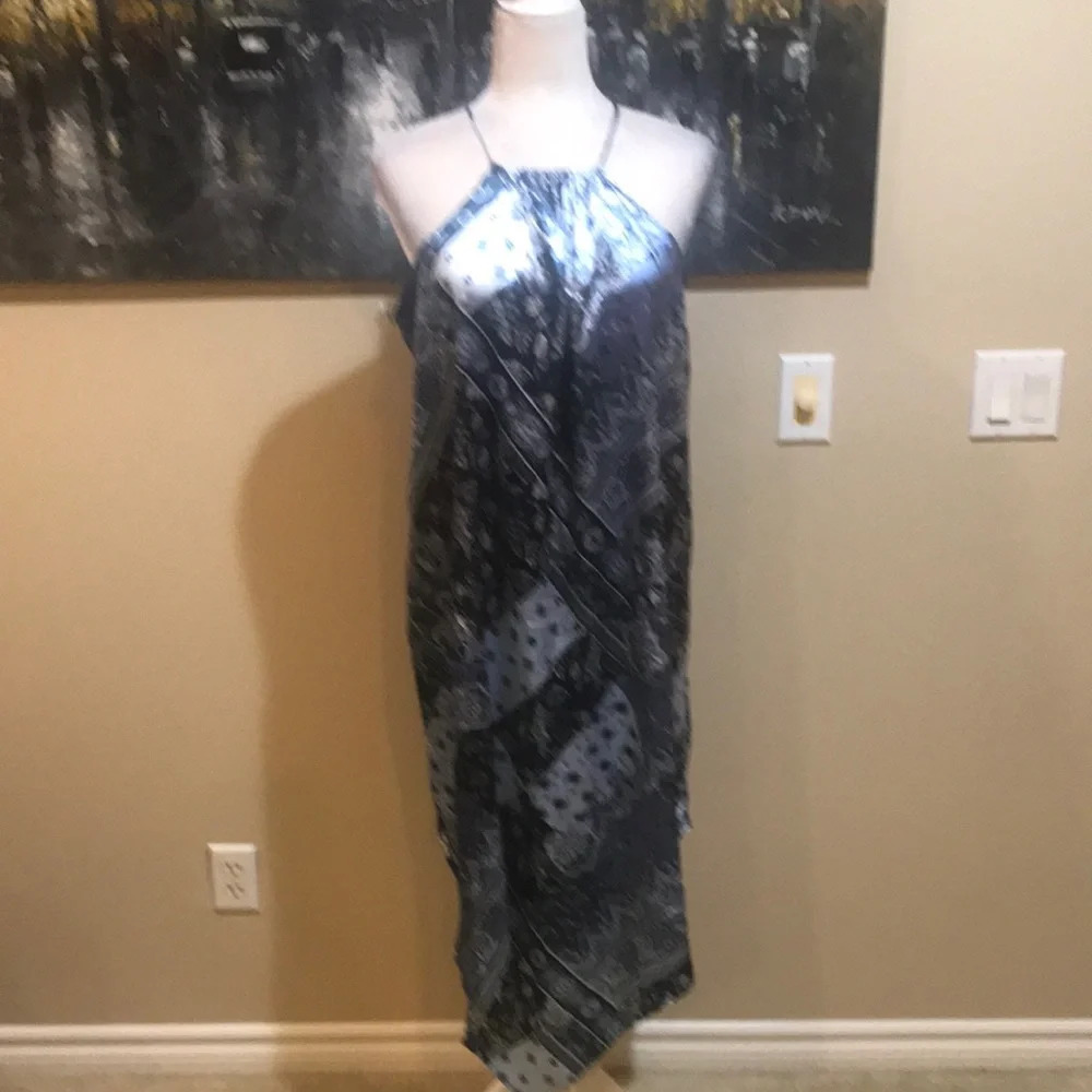 Elegant Satin Look Halter Neck Asymmetrical Hem Dress-Size M
